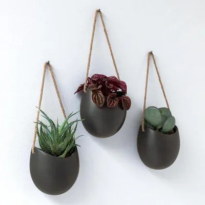 Imagen del producto de Juego de 3 macetas de pared de cerámica, color negro mate, para interior, balcón y jardín