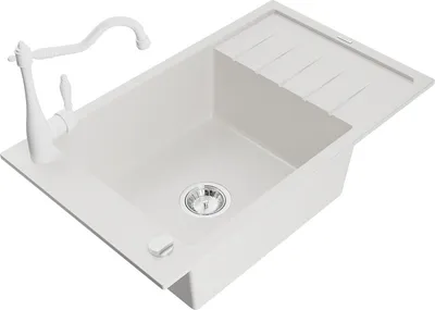 Produktbild von Mexen Elias 1 Becken-Granitspüle mit Abtropffläche und Mischbatterie Carla, Weiß - 6511-20-670700-20