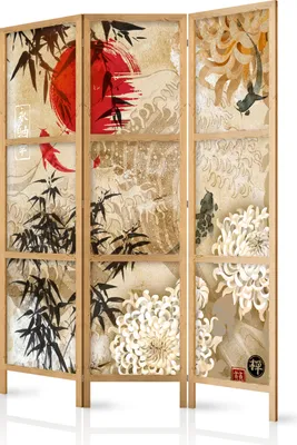 Immagine prodotto di Schermo 135x171 cm 3 pezzi monofacciale elegante schermo per la privacy parete divisoria per la stanza legno design motivo deco casa ufficio natura astrazione giapponese p-C-0003-bh-b
