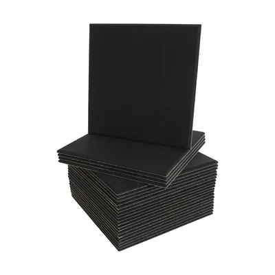 A stack of black acoustic panels on a white background.