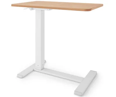 A white pneumatic height-adjustable side table with a wooden top on a white background.