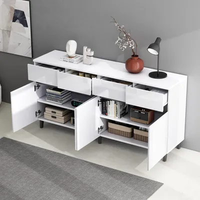 Image de MODFU Buffet Haut Blanc avec 4 Tiroirs et 2 Portes - Meuble de Rangement avec Étagères Réglables - 160x40x68 cm