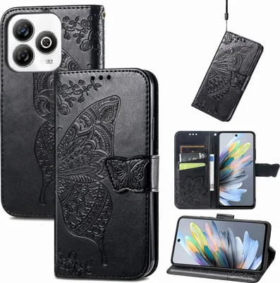 Image de Étui portefeuille en similicuir pour ZTE Blade A75 4G, motif papillon, noir