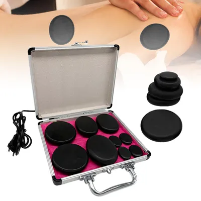 Immagine prodotto di Set di pietre per massaggio, 9 pezzi - Pietre di basalto per massaggio caldo - Contenitore riscaldante - Portatile - Terapia del massaggio - Relax e trattamenti spa - Pietre calde