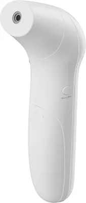 A close-up, studio shot of a white infrared thermometer.