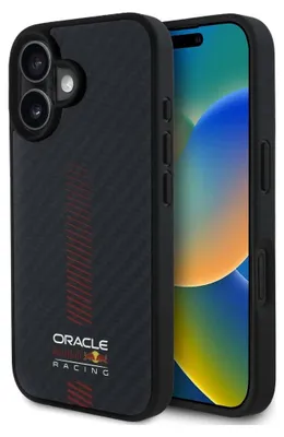 A black iPhone case with Red Bull Racing branding is shown diagonally against a light gray background. The phone screen is visible and displays a colorful wallpaper.