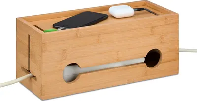 Produktbild von Kabelbox aus Bambus mit Ablage für Smartphones und Tablets, für 2 Steckdosenleisten, 40x15x13 cm