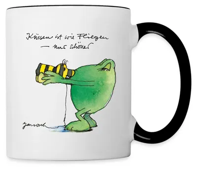 Produktbild von Spreadshirt Janosch Günter Kastenfrosch Küssen Ist Wie Fliegen Tasse Zweifarbig, One size, Weiß/Schwarz