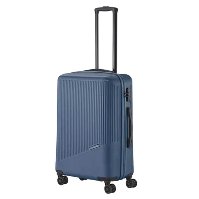 A blue suitcase with its handle extended, shown against a white background.