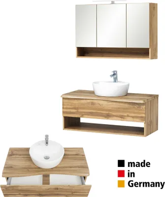 Produktbild von Badezimmer Waschtisch Set mit LED Beleuchtung KAHLA-03 in Wotan Eiche Nb. Abdeckplatte in Baumkantenoptik, B/H/T: ca. 101/200/52 cm