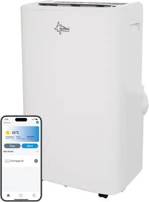 A white portable air conditioner unit is shown next to a smartphone displaying a control app.