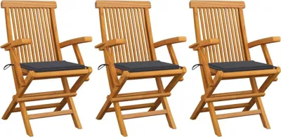 Produktbild von Gartenstühle mit Anthrazit Kissen 3 Stk. Massivholz Teak
