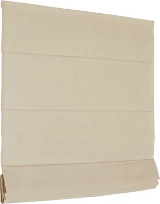 A beige Roman blind is shown hanging against a white background.