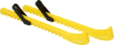 Two yellow skate guards with black clips, shown diagonally against a white background.