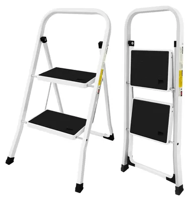 Produktbild von Klappbare Stehleiter - 2 Stufen - Stahlkonstruktion - Rutschfeste Stufen - Tragbar - Tragfähigkeit 150 kg - Ausgeklappt 46 × 53 × 80 cm