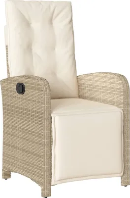 A single beige poly rattan garden armchair with cream cushions, shown from a three-quarter angle against a white background.