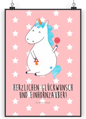 Produktbild von Mr. & Mrs. Panda Bild Einhorn Baby DIN A4 - Rot Pastell - Geschenk, Unicorn, Deko, Wandbild, Geburtstag, drucke, Plakat, Einhörner, Schnuller, Party, wanddeko