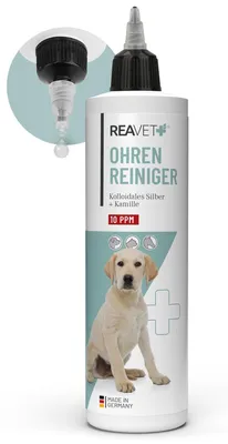 Produktbild von REAVET Ohrenreiniger für Hunde & Katzen 250ml, Ohrreiniger mit Kolloidalem Silber, Natürlicher Kamille I Mittel zum Ohr Reinigen