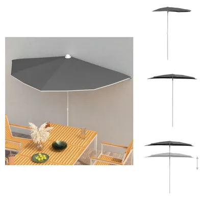 A collage of images showing a half-umbrella, with one image showing it in use over a table and chairs, and other images showing the umbrella on a white background with varying pole heights.