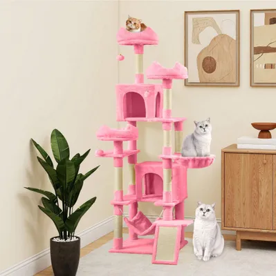 Produktbild von BALCONERA Kratzbaum XXL 190cm, 8 Sisalpfosten Kratzsäule, 3 Plattformen, 2 Höhlen, Korb, Hängematte, Plüschbälle und Katzenkratzbrett, Rosa
