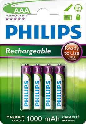 Produktbild von Philips Rechargeables Akku R03B4RTU10/10, Wiederaufladbarer Akku, AAA, Nickel-Metallhydrid (NiMH), 1,2 V, 1000 mAh, Cd (cadmium), Hg (Quecksilber)