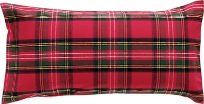 A rectangular pillowcase with a red tartan pattern.