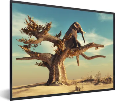 Produktbild von MuchoWow® Gerahmtes Poster Elefant - Baum - Natur - Wüste 80x60 cm - Poster mit Schwarzem Bilderrahmen Wandposter Rahmen Foto Bilder - Schwarzem - Mit Gestell