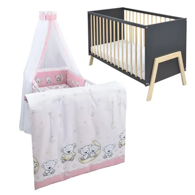Produktbild von Babybett Kinderbett Gitterbett Juna 60x120 Anthrazit Schutzgitter Matratze Bettwäsche Set 10tlg Teddy Mond Rosa