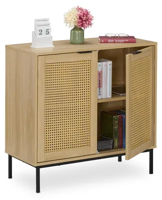Dressoir mit 2 Rotan-Türen, Metallbeinen, 76x80x35 cm, Natur/Schwarz