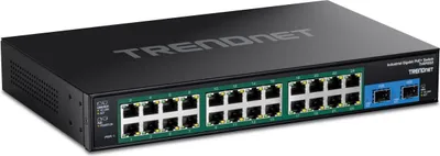Imagen del producto de TRENDnet TI-RP262, conmutador Gigabit PoE+ industrial de 26 puertos para montaje en rack