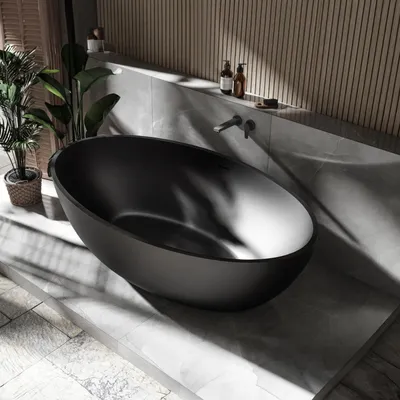 Produktbild von Freistehende Badewanne RELAX aus Mineralguss - 176 x 103 cm - verschiedene Farben - Zubehör optional, Farbe:Schwarz matt, Standarmatur:Ohne Standarmatur, Siphon:Ohne Siphon