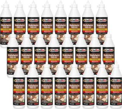 Produktbild von Isolbau Holzleim PRO-D3 - 24 x 750 ml (860 g) Extra starker Holzkleber für alle Holzarten, für Innen & Außen, Wasserfest, Lösemittelfrei