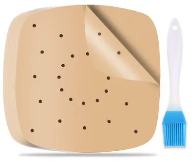 Image de 200 feuilles de papier de cuisson pour friteuses à air chaud, 21,6 cm, avec pinceau à huile, papier de cuisson perforé pour friteuse à air chaud, adapté aux friteuses à air chaud, aux fours traditionnels et aux micro-ondes.