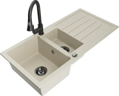 Image de Mexen Andres Évier en granit 1,5 bol avec égouttoir et mitigeur Elia, Beige - 6515-69-670101-70
