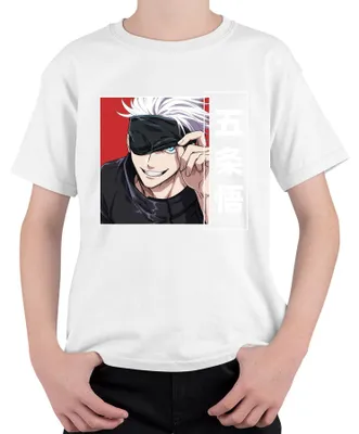 Productafbeelding van Jujutsu Kaisen, T-shirt met afbeelding van Gojo Satoru (五条悟), anime-stijl, oogmasker, wit haar, uni, voor kinderen, wit, maat 140
