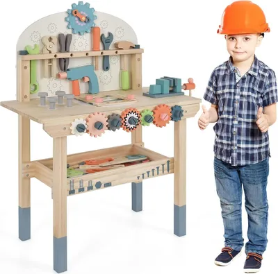 Produktbild von Werkbank Kinder, Werkzeugbank für Kinder aus Holz mit 8 Werkzeugen & 55 Zubehör, Werkzeug Spielzeug Set mit Strauraum & Uhr & Werkzeughalter, Werkbank für Kinder ab 3 Jahren