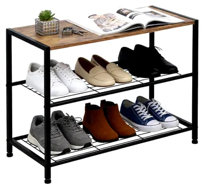 Produktbild von Schuhregal mit Sitzgelegenheit, 3 Ebenen, Metall-Schuhablage für Flur, Eingangsbereich, Wohnzimmer, 60 x 30 x 43 cm, Rustikalbraun
