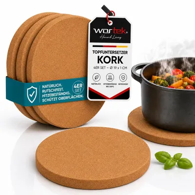 Produktbild von wortek runde Kork Untersetzer/ Unterlage – Topfuntersetzer / Pflanzenuntersetzer aus Kork zum Schutz vor Kratzer & Flecken – für Töpfe, Pfannen, Auflaufform, Gläser, Teller, Vasen, Blumen & Co | Ø 19 cm | 4 Stück