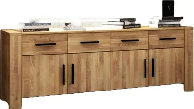 Produktbild von Kommode Lubic aus Wildeiche massiv 200x45x70 mit 4 Türen 4 Schubladen Holzbeinen