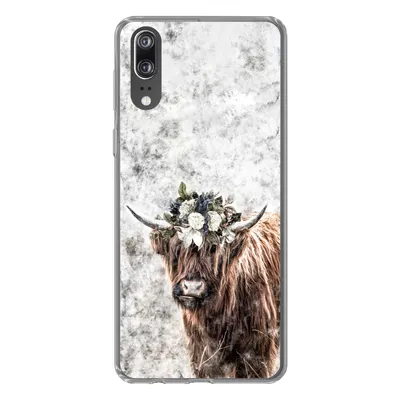 Produktbild von MuchoWow® Handyhülle Schutzhülle Hülle für Huawei P20 Schottischer Highlander - Marmor - Blumen Silikon Softcase Handy Hülle - Hardcover