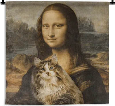 Produktbild von MuchoWow® Wandteppich Wandbehang Mona Lisa - Katze - Leonardo da Vinci - Vintage - Kunstwerk - Alte Meister - Gemälde 150x150 cm Tapisserie Dekoration Wandtuch - Wohnaccessoires - Modernes