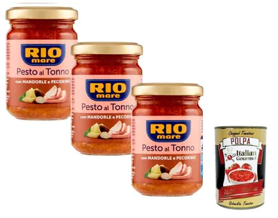 Produktbild von Rio Mare Pesto al Tonno mit Mandeln & Pecorino 3x130g cremige Thunfisch-Pesto-Sauce für Pasta & Bruschetta aus Italien + Italian Gourmet polpa