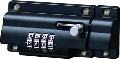 A black combination lock with four dials is shown against a white background.