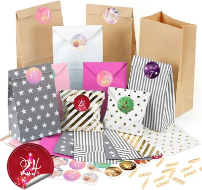 Produktbild von Adventskalender zum Befüllen - 26 Papierbeutel mit Zahlaufklebern - DIY-Füllung für den Weihnachtskalender - Adventskalender selbst basteln
