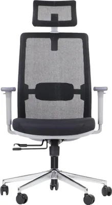 Produktbild von Ergonomischer Bürodrehstuhl CUTLER GF, Chrom Basis, verstellbare Armlehnen, Kopfstütze und Lordosenstütze, grauer Rahmen, schwarze Polsterung