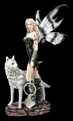 Produktbild von Elfen Figur - Aislin mit Traumfänger und Wolf - Mystische Dekoration