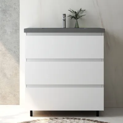 Produktbild von Badmöbel Set 80 cm Alast Weiß Waschbecken Dunklegrau mit Unterschrank Hängeschrank mit Schrankfüße Softclose