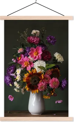 Produktbild von MuchoWow® Textilposter Blumen - Stillleben - Farbe 60x90 cm mit holzfarbenen Rahmen - Textil