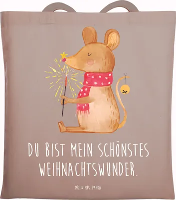 Produktbild von Mr. & Mrs. Panda Beutel Maus Weihnachten - Braun Pastell - Geschenk, dokumententasche, Frohe, Weihnachtsmotiv, Schultasche, Tasche, Weihnachtsgruß, totebag, Tote Bag