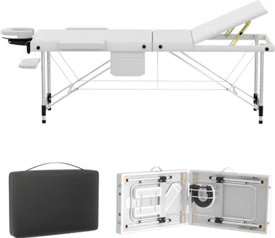 Image de TWOLIIN table de massage en aluminium pliable et réglable en hauteur avec 3 zones, capacité de charge 230 kg, rembourrage en mousse de 8,5 cm, sac de transport inclus, appui-tête et accoudoirs latéraux (blanc)
